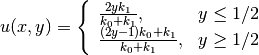 u(x, y) = \left\lbrace\begin{array}{ll}
{2yk_1\over k_0+k_1}, & y \leq 1/2\\
{(2y-1)k_0 + k_1\over k_0+k_1}, & y \geq 1/2
\end{array}\right.