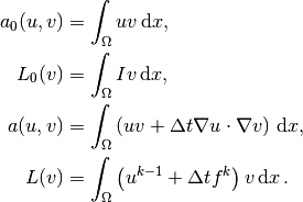 a_0(u,v) &= \int_\Omega uv \, \mathrm{d}x, \\
L_0(v) &= \int_\Omega Iv \, \mathrm{d}x, \\
a(u,v) &= \int_\Omega\left( uv + {\Delta t}
\nabla u\cdot \nabla v\right) \, \mathrm{d}x, \\
L(v) &= \int_\Omega \left(u^{k-1} + {\Delta t}  f^k\right)v \, \mathrm{d}x\thinspace .